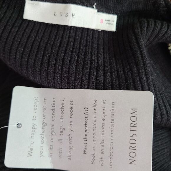 LUSH Size Small Black Knit Sweater Mini Dress 3D Floral Sheer Balloon Sleeve NWT - Picture 11 of 14